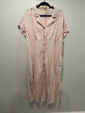 Terra & Sky Cream Midi Shirt Dress with Coral and Peach Stripes